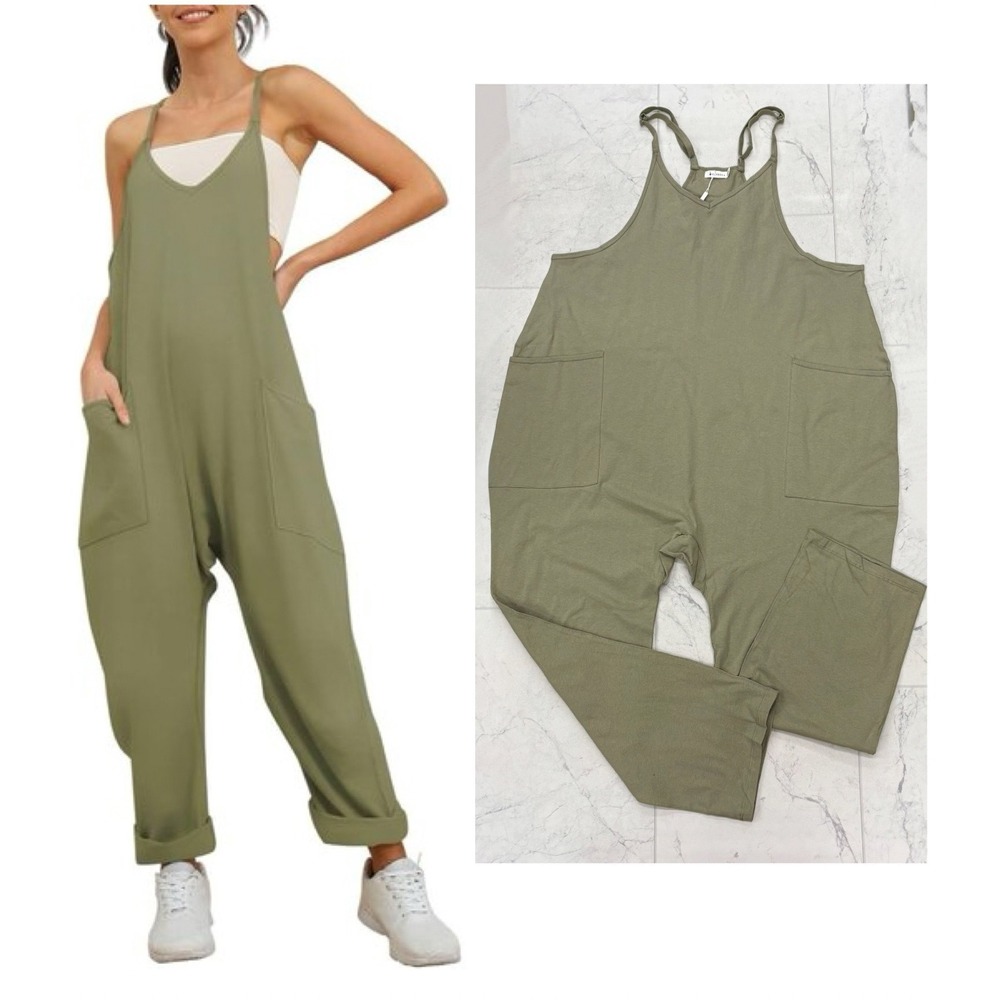 OUFEIYA Olive Green Wide‎ Leg Pocket Jumpsuit Overalls Women Size 2XL